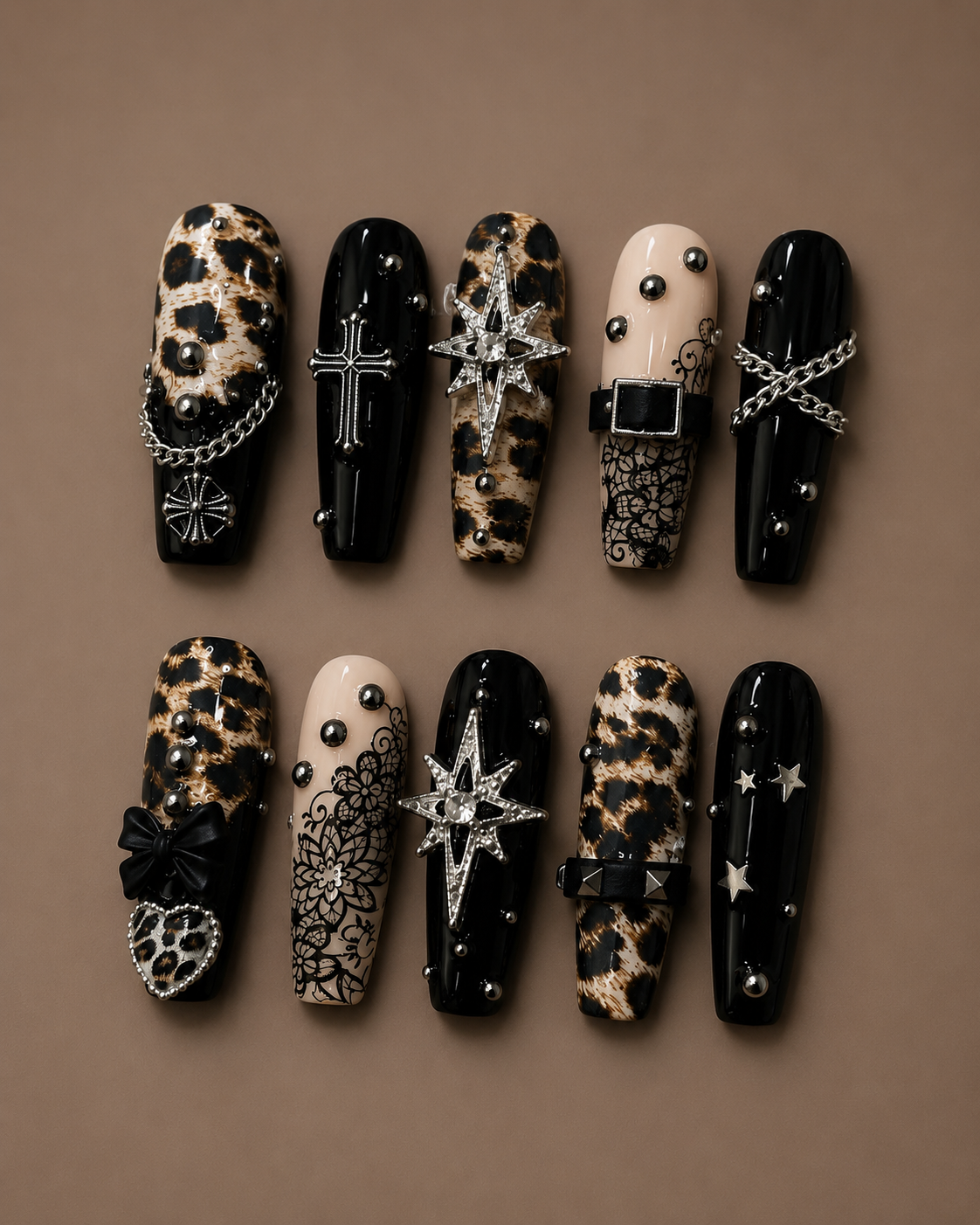 Leopard and gothic charm press-on nail set